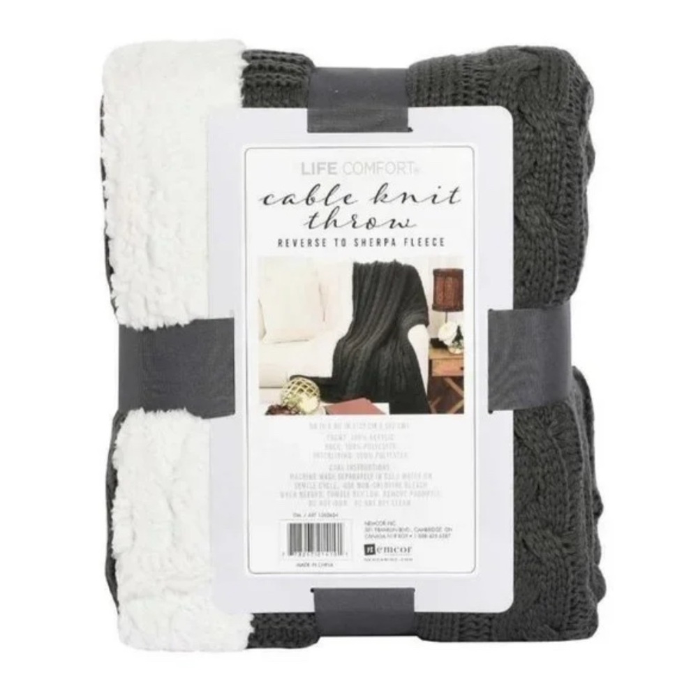 New Life Comfort Cable Knit Throw Reversible Sherpa Fleece Gray White Sz 50x60